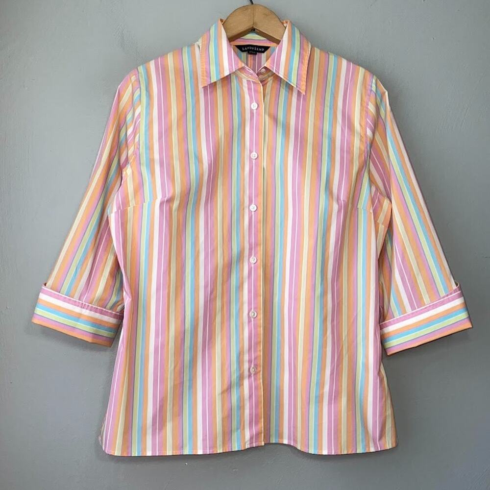 Lands End Size 10 Pastel Striped Button Up Shirt Business Casual Office Preppy